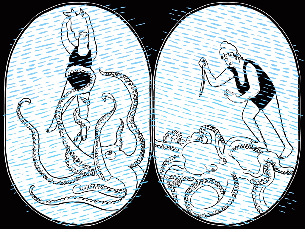 woman in bathing suit battling giant octopus