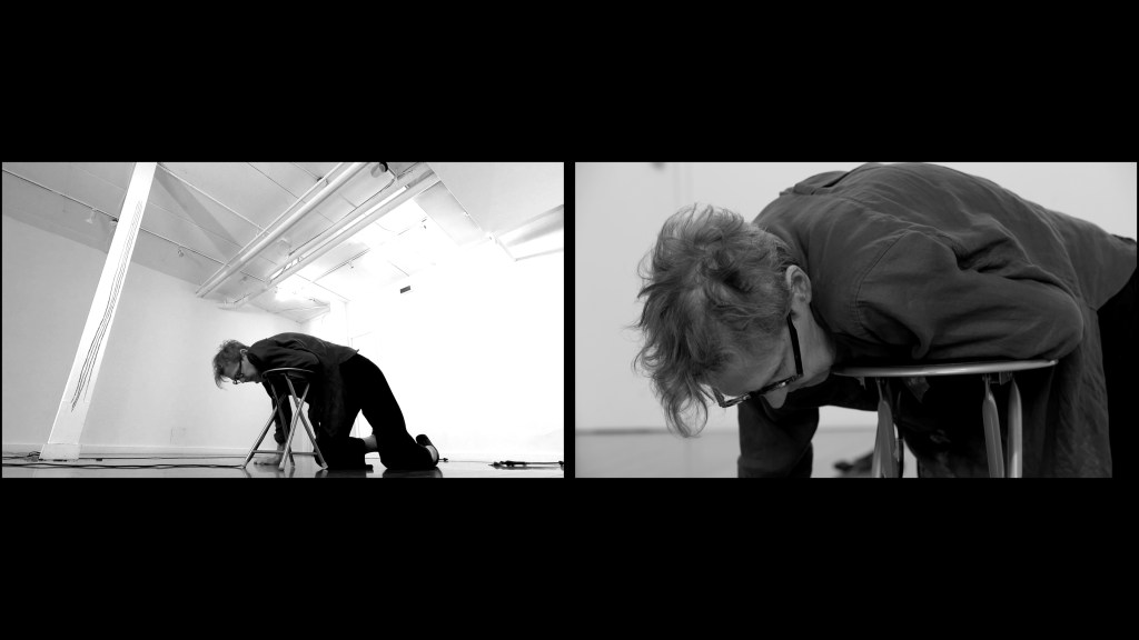Two black and white images are side by side in a split screen.

In the image on the left, a woman is leaning over a stool. She is on her knees with one arm folded under her chest. There is a white column on the left.

In the image on the right, a woman is lying on the top of a stool. She has one arm folded under her chest. Her head is leaning over the edge of the stool facing down.
