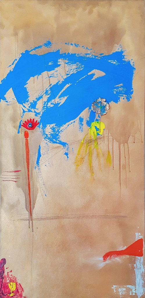 Colorful abstract expressionist painting by Ottawa based artist Sara Prisma Williston.  Acrylic painting with vibrant blue gestural marks, thick impasto relief, and a metallic gold background. Has an uplifting and joyful aesthetic through contemporary art styles.