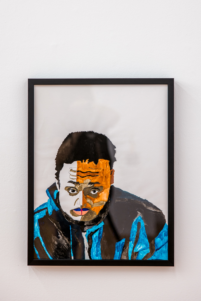 Semi-abstract watercolor self-portrait of Malcolm Corley in one of his favorite zippered jackets.