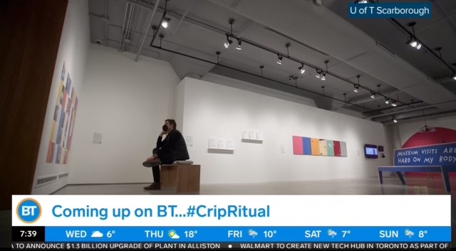 Still of morning news segment with a slug reading "Coming up on BT...#CripRitual" wiht a shot of a person looking at art in the Doris McCarthy Gallery