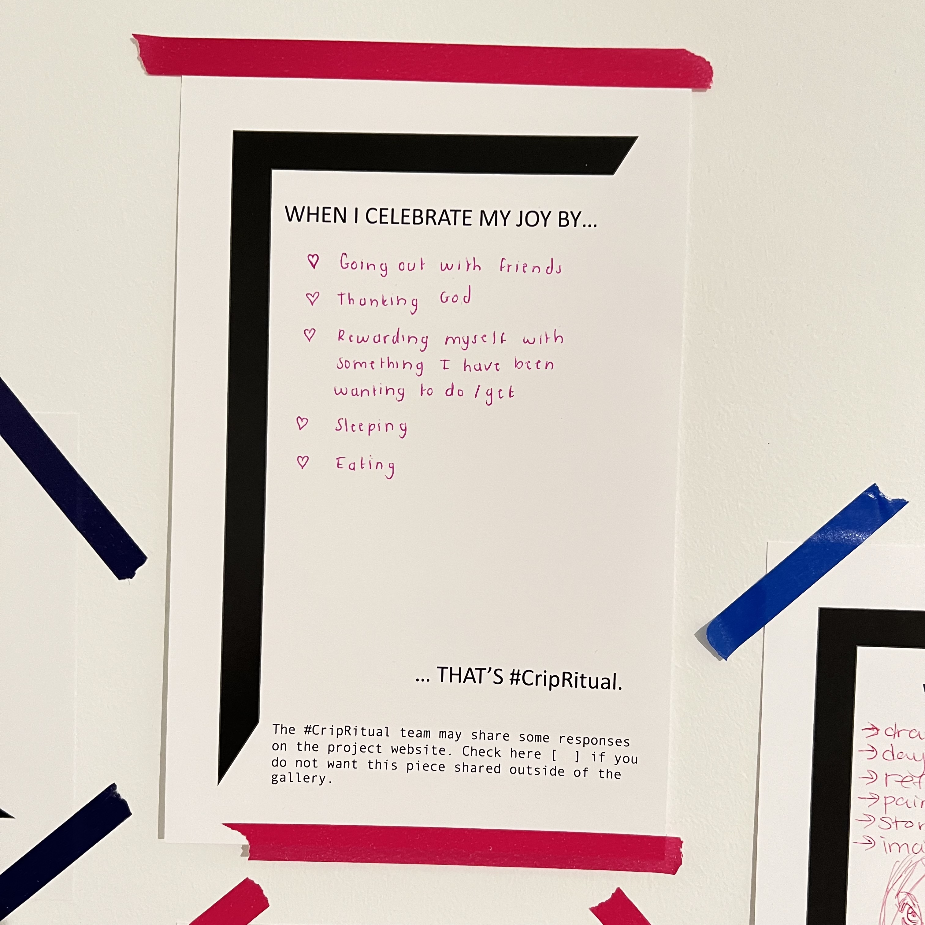 Handwritten response in list form in pink ink. WHEN I CELEBRATE MY JOY BY ...